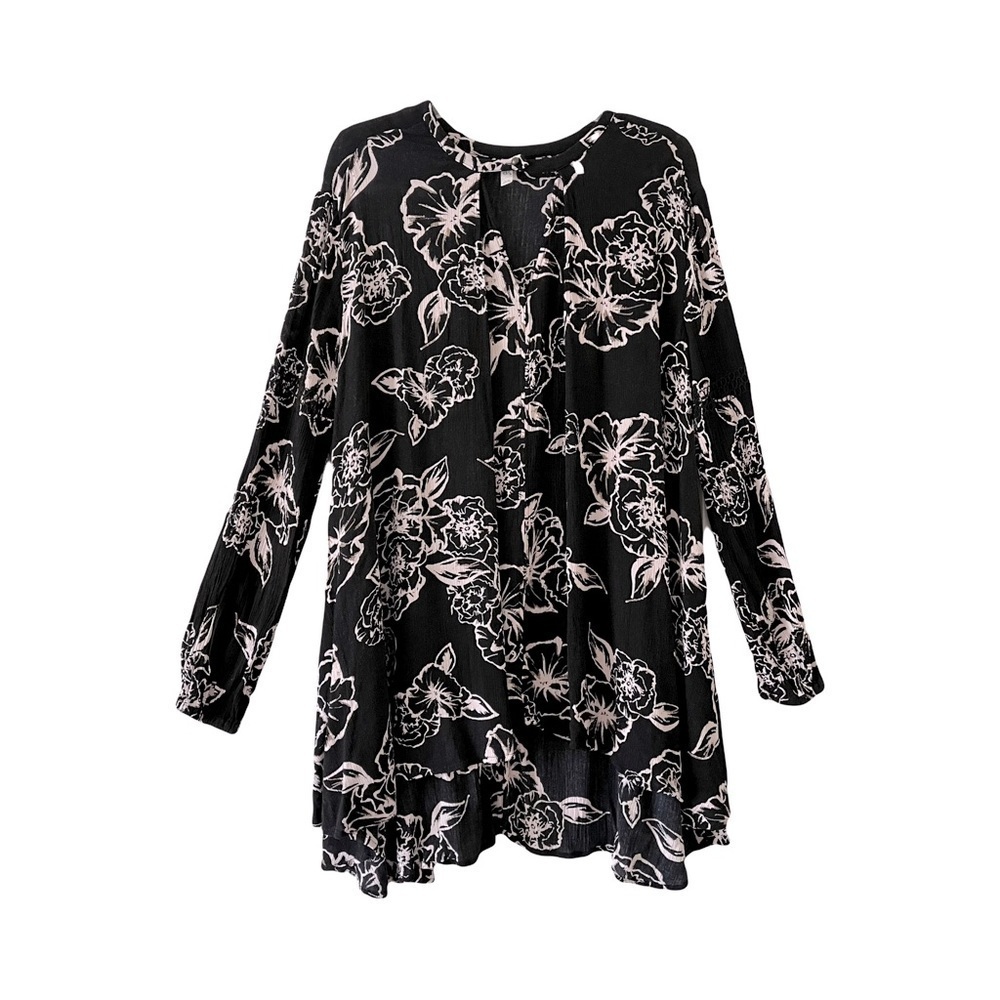 Free People | Black Floral Crepe Long Sleeve Snap To It Swing Tunic Dress, Small